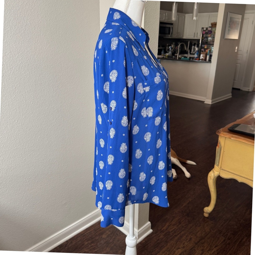 Express Portofino Shirt Women's Large Blue Paisley Button Up Blouse Long Sleeve - Picture 10 of 11